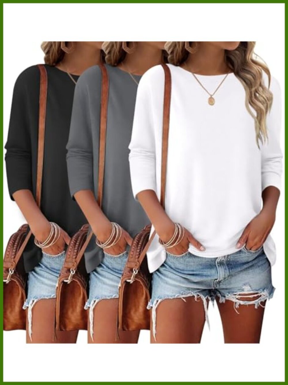3 Pack Womens 3/4 Sleeve Crewneck T-Shirts Casual Basic Polyester Spandex Blend